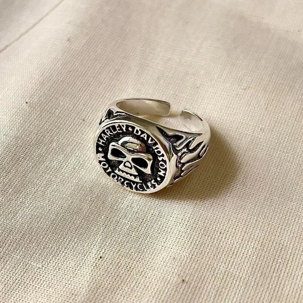 Vintage Harley biker flame skull silver chrome ring